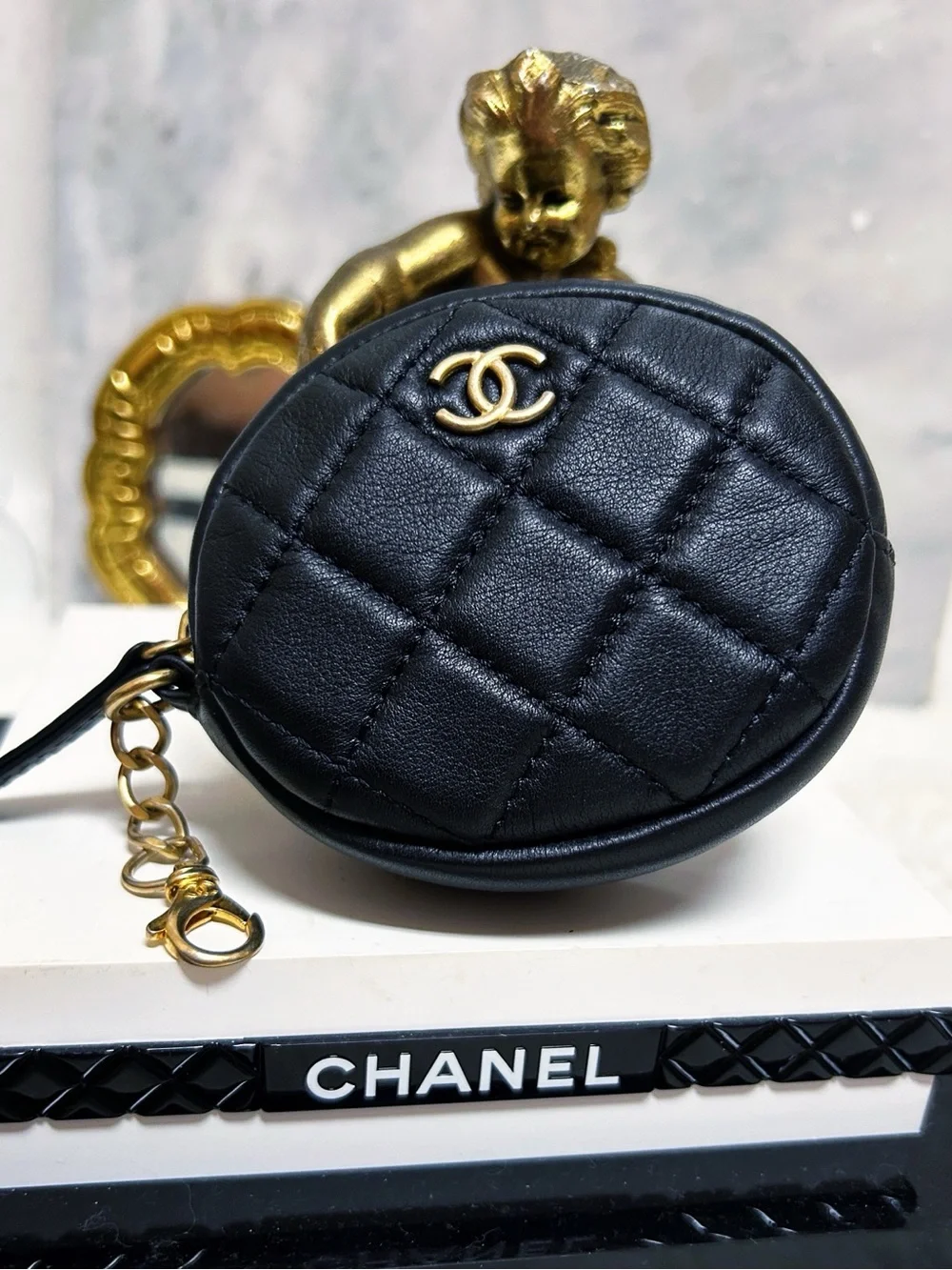 Authentic Chanel 19 CC Round Diamond Quilted Coin Pouch / Bag Charm